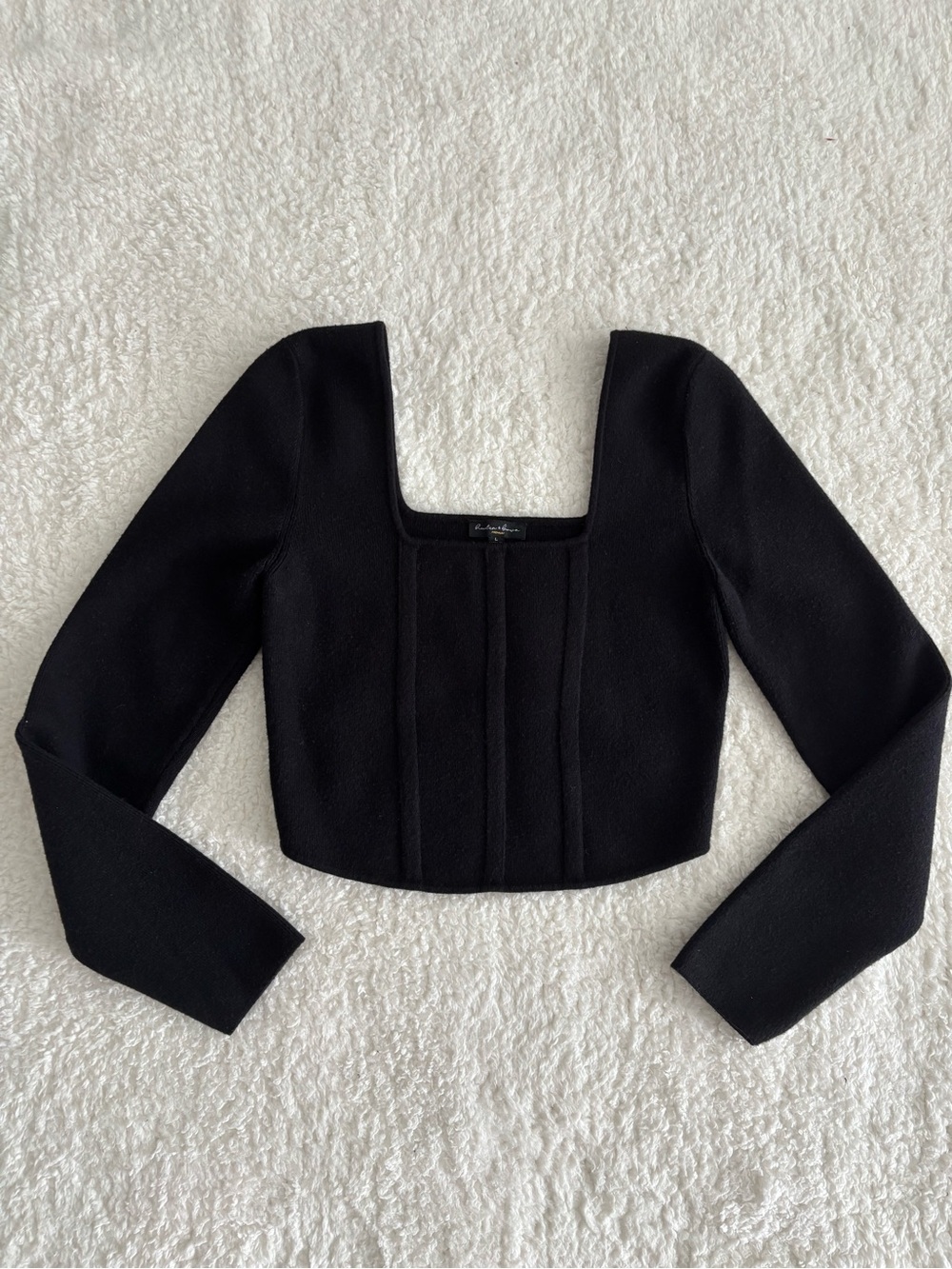 Hunter & Brown Premium Black Corset Crop Top Long Sleeve Square Neck Sz L